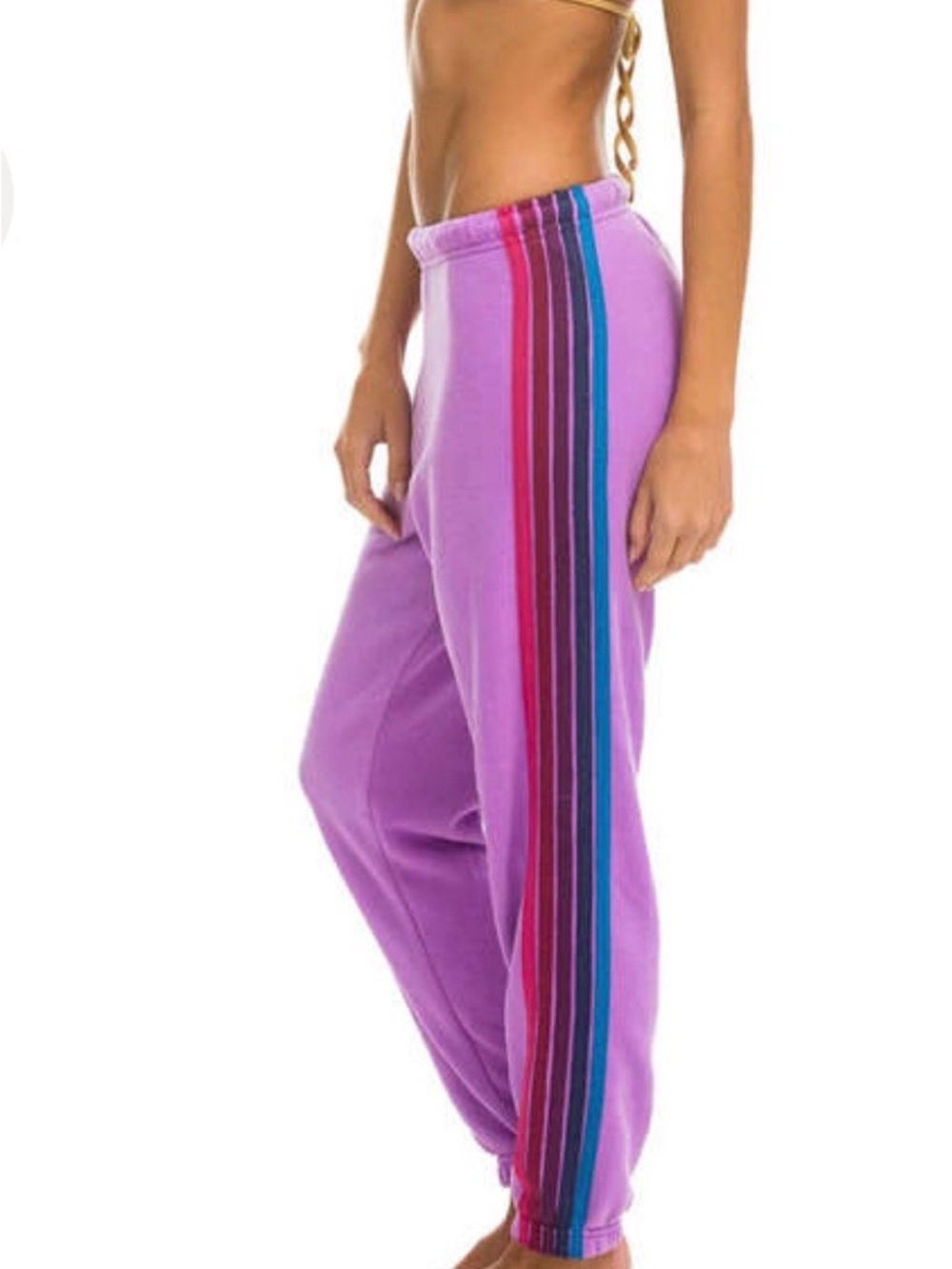 Aviator Nation Purple Track Joggers with Rainbow Side Stripes